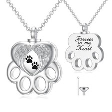 Paw Print Necklace 925 Sterling Silver Pet Cat Dog Urn Pendant for Ashes Memo...
