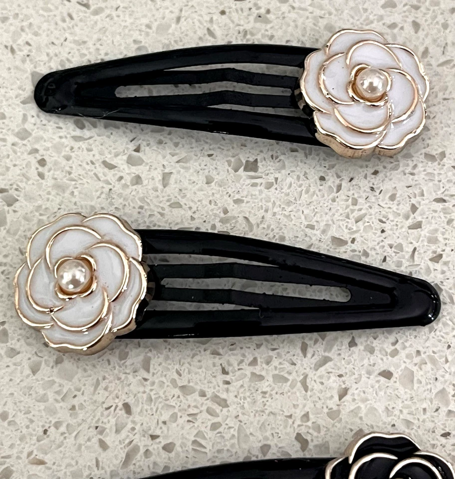 Designer Inspired Camellia Hair Clips Set of 4 Black Gold White Gold Faux Pearl - Image 4 of 4