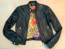 Versace Versus Biker Safety Pin Genuine Black Leather Jacket colorful inside, 38