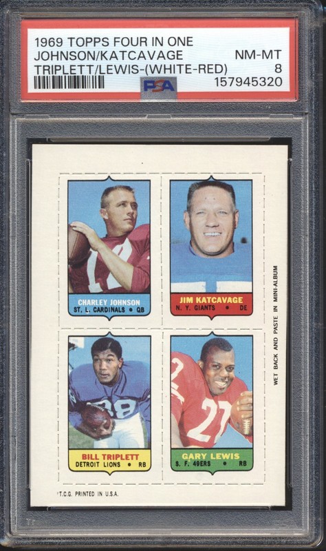 1969 Topps Four In One Football Johnson (WHITE) /Katcavage/Triplett/ Lewis PSA 8