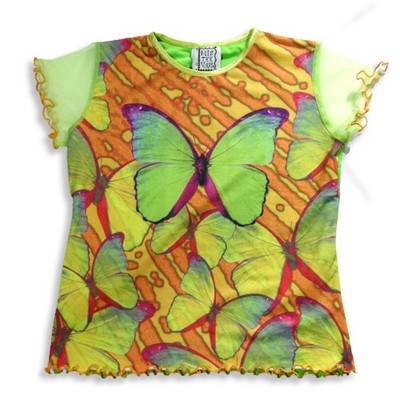 Girls Butterfly Print Short Sleeve Top Sheer Mesh Lettuce Hem Lime Orange Shirt