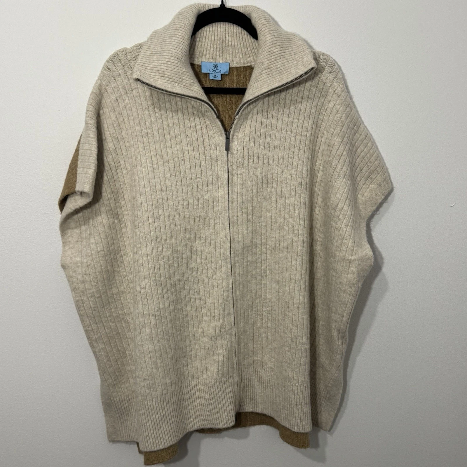 CeCe Ribbed Knit Zip Poncho Cape Sweater Women’s Medium – Neutral Tan/Beige