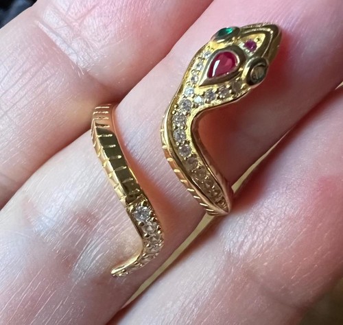 Genuine Ruby Diamond Emerald Coiled Snake Ring 14K Yellow Gold on solid 925 coil - Picture 15 of 16