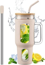 Glass Tumbler with Lid and Straw, 46 oz Iced Coffee Cup with Handle, Large Water