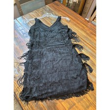 White House Black Market Black Tiered Fringe Flapper WHBM Dress XS Sleeveless
