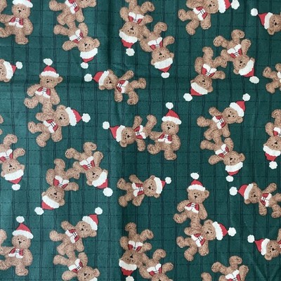 VTG Christmas Teddy-Bears w Red Hats Dark-Green Background Cotton 2 Yards + NEW