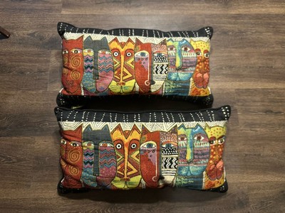 2 Laurel Burch Cat Faces Pillow Tapestry Multi Colored Lumbar  Rectangular 23x12