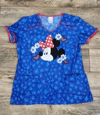 Disney Minnie Mouse Scrub Top Red White Blue Medium Flowers Hearts Stars Pockets
