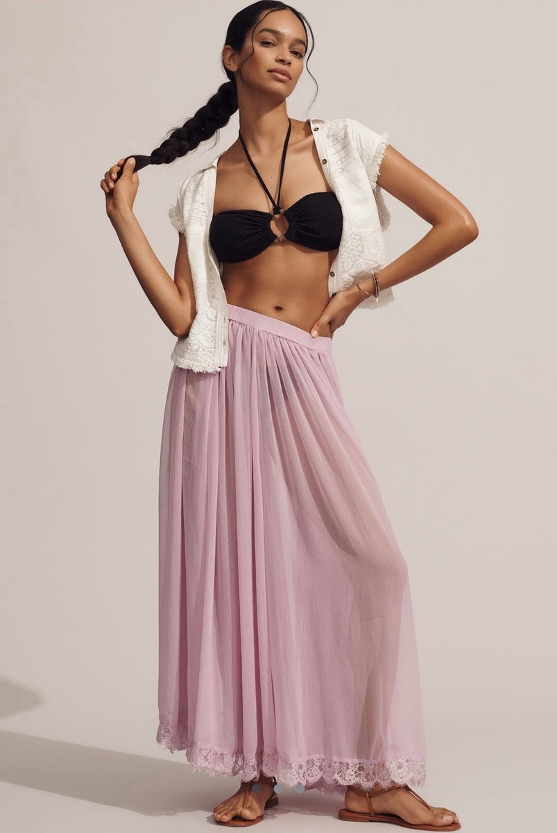 Anthropologie Sheer Tulle Lace Maxi Skirt Lavender Pastel MEDIUM