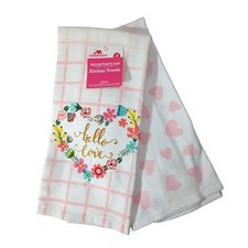 Hello Love Kitchen Towels Floral Heart Wreath Pink Cotton 2pc Valentine Gift NEW