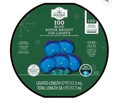 100-Count Blue LED Super Bright G30 Christmas Lights with Green Wire 57ft