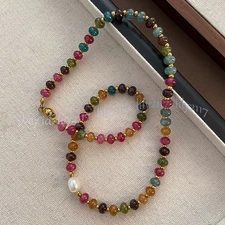 Natural Colorful Tourmaline Rondelle Gemstone Beads White Pearl Necklace 14-48''