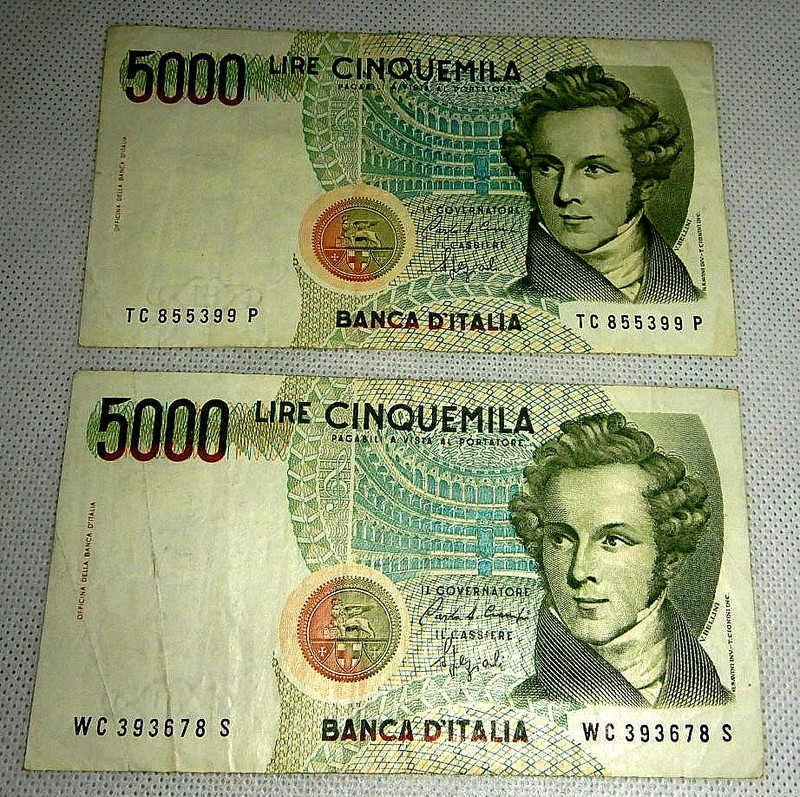 Two (2) 5000 Lire Italy Banknote D'Italia Paper Circulated 1985