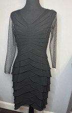 Adrianna Papell Black Evening Cocktail Dress Petite Size 4P Layered Sheer Sleeve