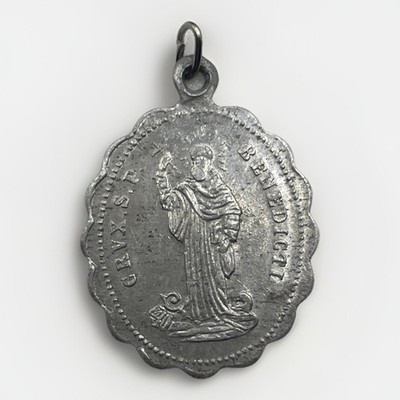 Vintage St Benedict Medal Pendant Petite Catholic Saint Scalloped Edge
