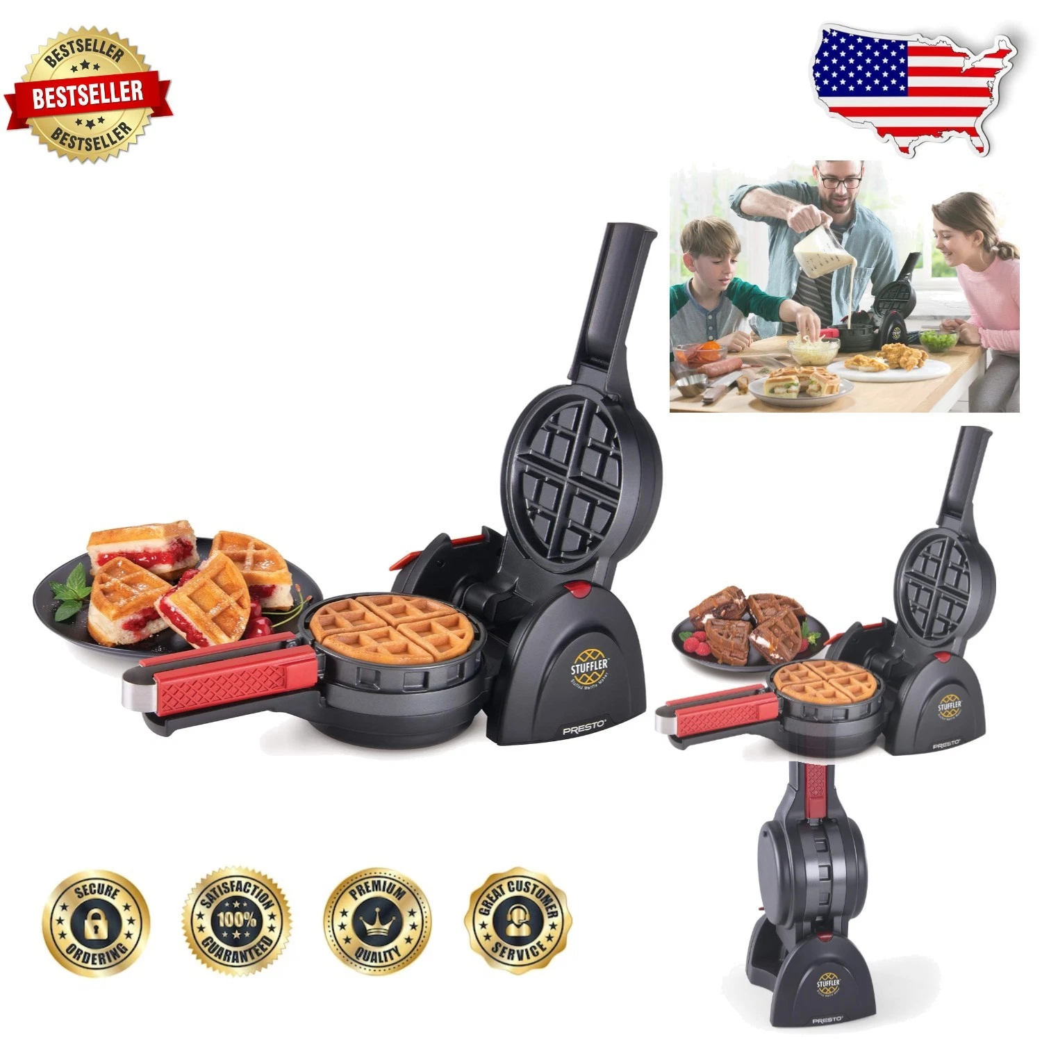 Stuffler Stuffed Waffle Maker Belgian Large Black 900W Built-in Tongs Easy Serve