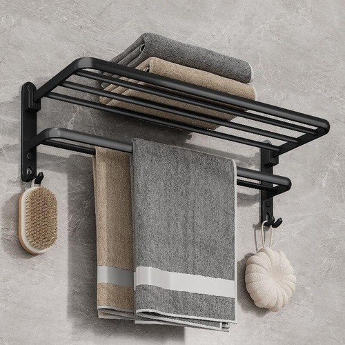 Matte Black 50cm Wall-mount Towel Holder with Hook - Folding Aluminum Towel Rack - Picture 6 of 24