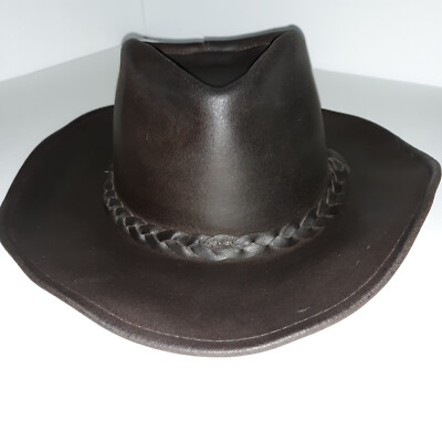 Henschel Leather Cowboy Brown Hat Outback Mens Sz Med Braided Hatband Bendable