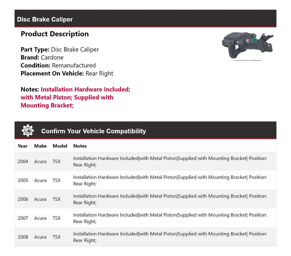 For 2004-2008 Acura TSX Disc Brake Caliper Rear Right Cardone 2005 2006 2007 - Image 2 of 4