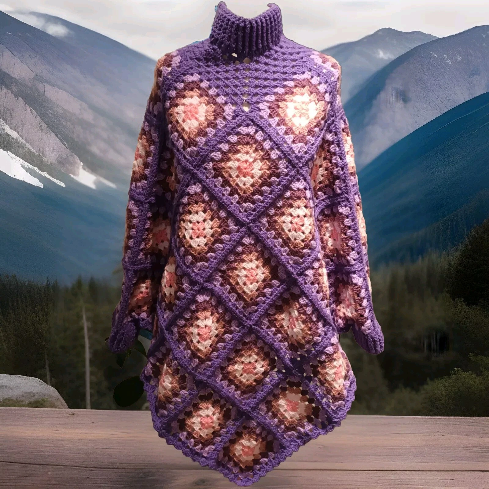 Multi Purple Crochet Granny Squares Poncho Size L