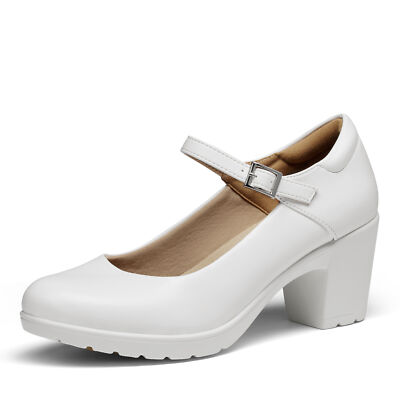Women Mary Jane Pump Low Chunky Heel Round Toe Comfort Pumps Dress  Shoes-White