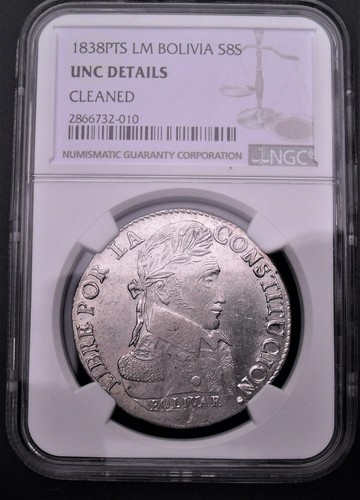 1838 PTS LM Bolivia 8 Sols, NGC Unc. Details , nice silver coin #1365 - Picture 2 of 4
