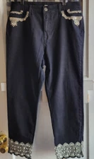 Tesoro Moda Women's Black Jeans w/Embellished Jeweled Raw Edge Cuff Size 16