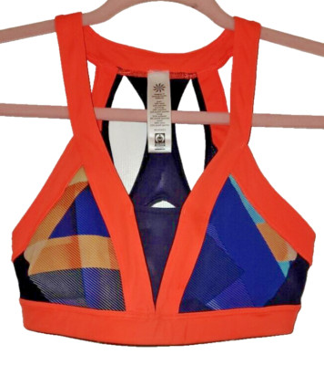 Athleta Be Free XS Racerback Sports Bra ~ Orange/Blue Colorblock ~ Mesh Insets