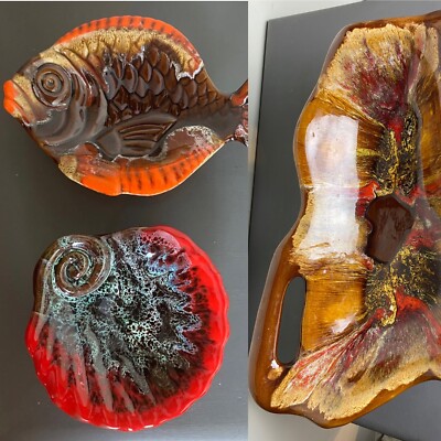 Vintage Retro Vallauris Frankreich Lava Tropfglasur Keramik Teller Fischschale Schüssel Lot 3