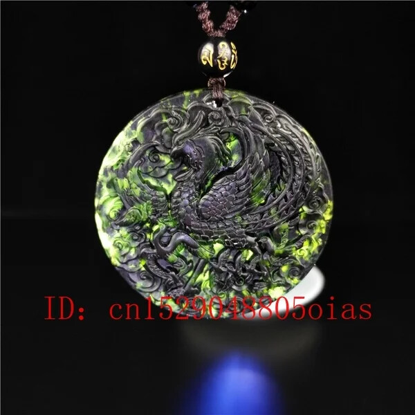 Chinese Natural Black Green Jade Phoenix Pendant Necklace Obsidian Gift for Women