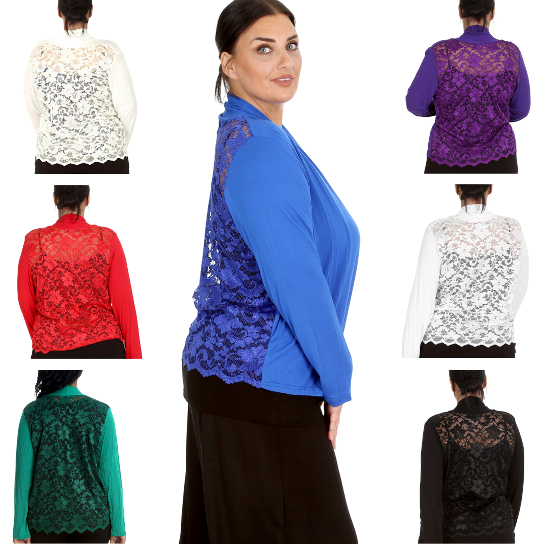 Nouvelle Women Plus Size Ladies Shrug Scallop Lace Back Cardigan Hip Length - Main Image