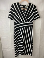 Beige by ECI Size M Striped stretch wrap top pencil dress Black white