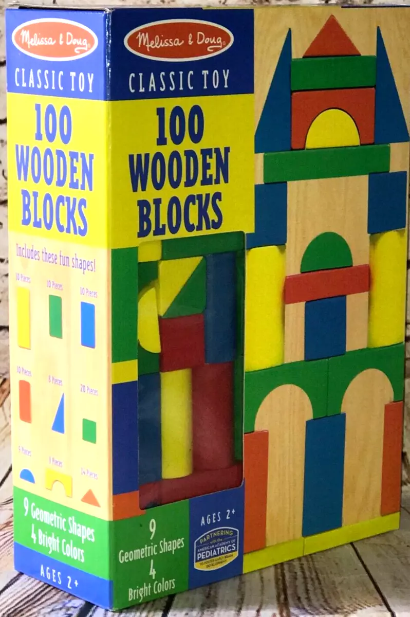 Melissa & Doug Wooden Building Set - 100 Blocks in 4 Colors and 9 Shapes