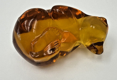 Moser Amber Glass Sleeping Curled Up Bear Figurine Vintage Czech Crystal Signed