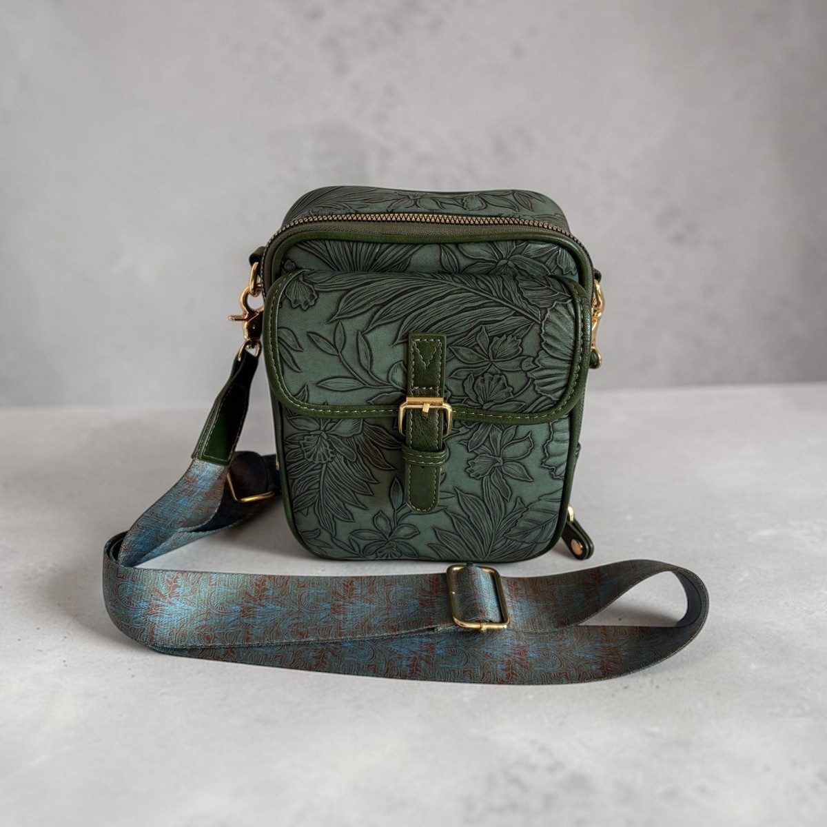 Forest Green Floral Embossed Crossbody Bag with Adjustable Guitar