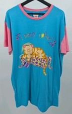 Vtg 90s Cat Coffee Graphic Single Stitch Sleep Long Night T-Shirt One Size Teal