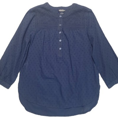 Lucky Brand Top Womens S Navy Blue Swiss Dot Henley Long Sleeve Cotton Blouse