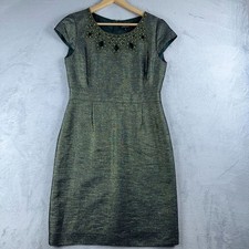 Tahari Shimmery Cocktail Dress Cap Sleeves Beaded Back Zip Women's Green Size 10