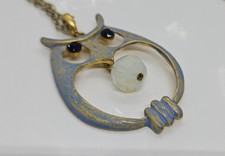 Owl Pendant Necklace Rhinestone Eyes Marked ROAM 30"