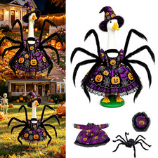 Halloween Porch Goose Outfit Witch Hat Pumpkin Dress Set for 23Inch Goose Statue