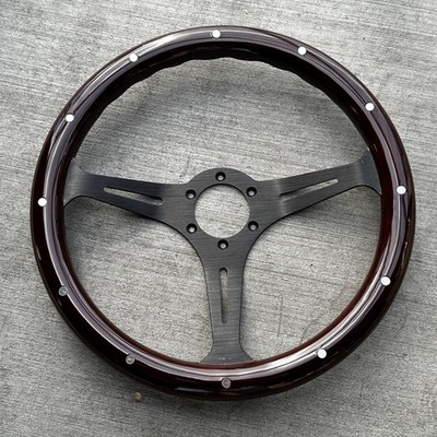 Factory Second 14'' Matte Black Steering Wheel Dark Stained Wood Grip with Rivets