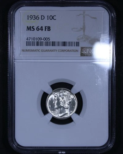 1936-D Mercury Dime - 10c NGC MS64 FB - Full Bands - Nice Lustrous Coin!