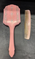 Vintage Art Deco Celluloid Mirror and Comb Set Pink