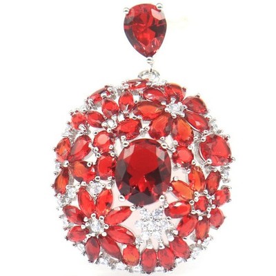 New Designed 10.4g Long Big Red Blood Rubies CZ Women Wedding Silver Pendant