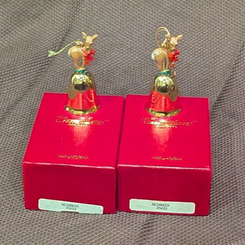 Vintage Camerlane 24kt Gold Finish Reindeer Bell Christmas Ornaments - Set of 2