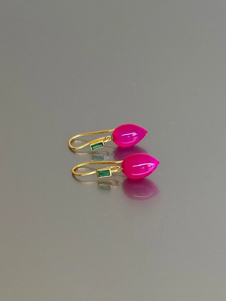 Natural Green Emerald & Hot Pink Chalcedony Earring 14k Yellow Magenta Stone - Image 4 of 4