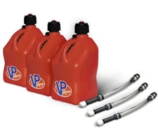 VP Racing 3 Pack Red 5.5 Gallon Square Utility Jugs + 3 Deluxe Fill Hoses