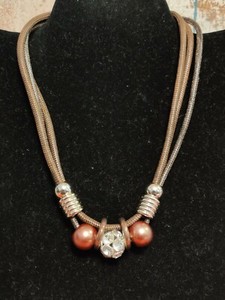 Short Silver Copper Tone 3 Cord Rope Brown Tan Rhinestone Pearl Bead Necklace