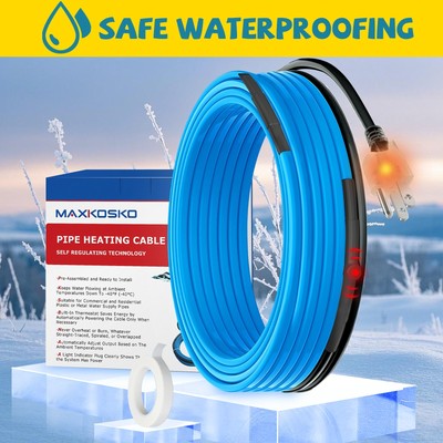 MAXKOSKO 15FT Freeze Protected Water Pipe Heating Cable, Self Regulating