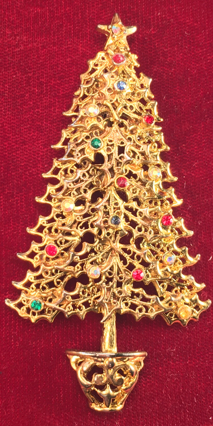 Vintage Tall Christmas Tree Brooch pin signed Tanger ll Colorful